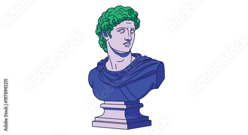A neoclassical bust of a man with vibrant green hair stands against a white background.