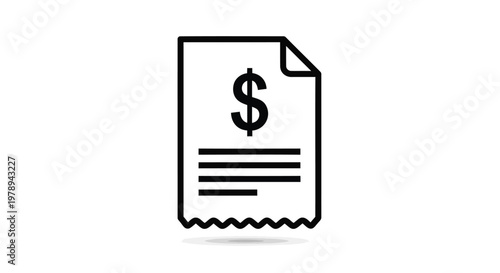 Minimalist financial invoice icon vector, black line art bill with dollar sign, digital receipt document for business accounting and payment tracking