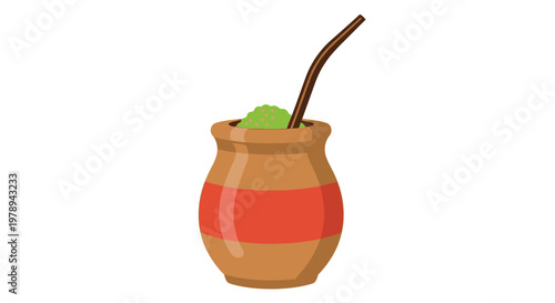 A clay gourd filled with yerba mate and a metal straw is depicted against a white background.