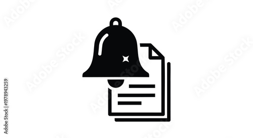 Notification bell icon tax day  with document file, black alert symbol for message reminders, digital subscription and update vector graphic