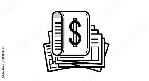 Minimalist financial invoice icon tax day  vector, black and white dollar bill receipt illustration, business expense and tax document symbol for accounting
