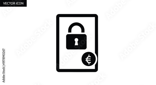 Secure Euro payment document icon, tax day  black and white financial data protection vector, locked billing statement with currency symbol