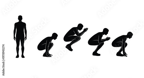 Silhouette of a person demonstrating five sequential squatting positions on a white background.