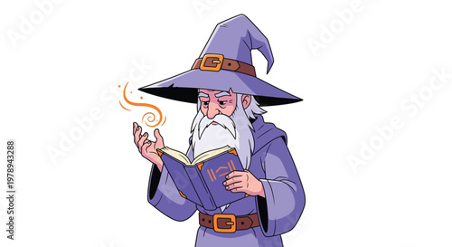 An elderly wizard with a long white beard reads a magical spellbook.