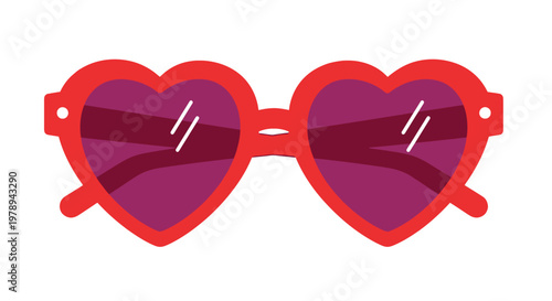 A pair of red heart-shaped sunglasses rests against a white background.