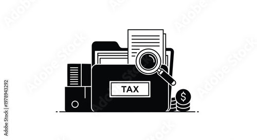 Tax day document folder with magnifying glass, financial audit and accounting vector illustration, black and white business filing icon