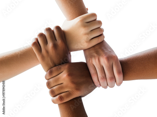 Fotografie Isolated four diverse human hands interlocking, symbolizing multiracial unity, teamwork, and support