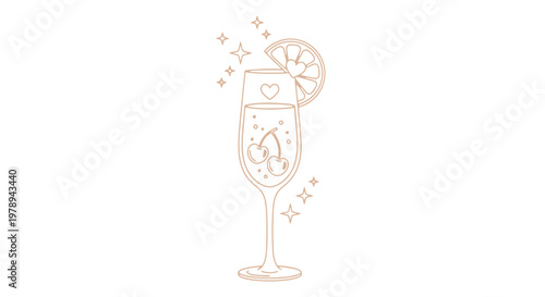 A champagne flute with cherries, a heart, and a citrus slice is depicted in a minimalist line art style.