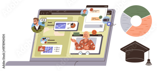 E-learning, teamwork, education, virtual interaction, remote teaching, communication. Interactive laptop screen shows online meeting participants, data charts and graduation cap. E-learning