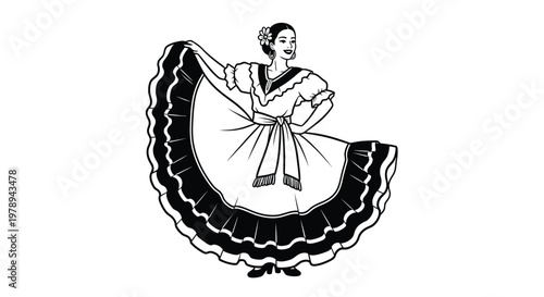 A woman in a traditional folk dress is dancing with her skirt flared out.