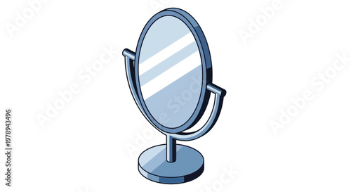 A simple freestanding mirror with a circular reflective surface stands on a pedestal.