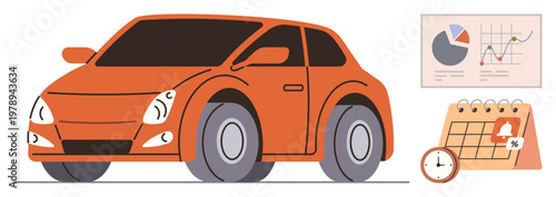 Automotive industry, data analysis, scheduling, vehicle planning, fleet management, transportation. Orange car, calendar with reminder icon clock pie and line charts. Automotive industry and data