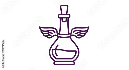 A simple line illustration of a potion bottle with wings.