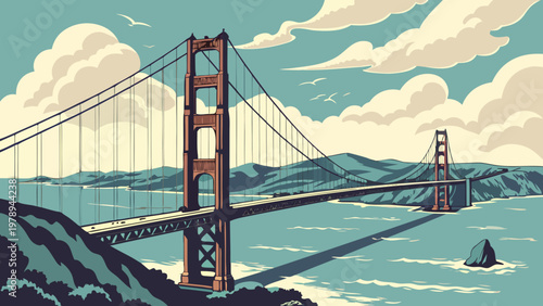 Retro Travel Poster Art of the Golden Gate Bridge San Francisco