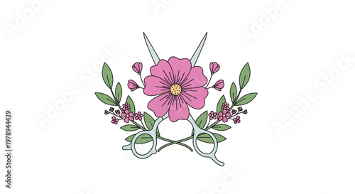 A pink flower with green leaves and purple berries is framed by crossed scissors.