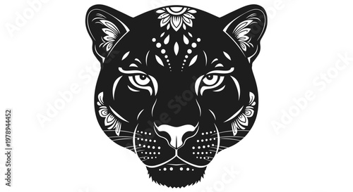 A black panther's head is decorated with intricate white floral patterns.