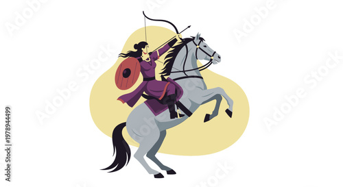 A woman warrior on horseback aims her bow and arrow with a shield on her arm.