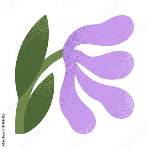 Bold purple flower with green leaves.Wavy floral element with soft grain texture.Modern botanical motif for cards,prints,branding,packaging.