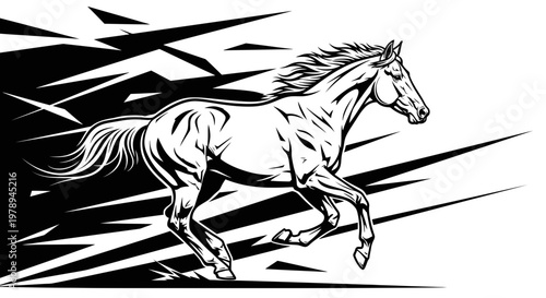 Powerful Galloping Horse Dynamic Black and White Illustration.