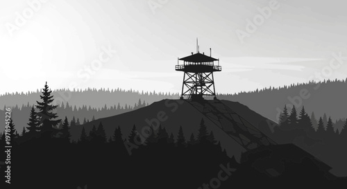 Fire Lookout Tower on Mountain Peak Silhouette.