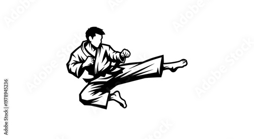 Karate fighter performing a dynamic flying kick in a black and white illustration.