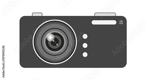 Illustration of a Black Digital Camera with Lens and Buttons.