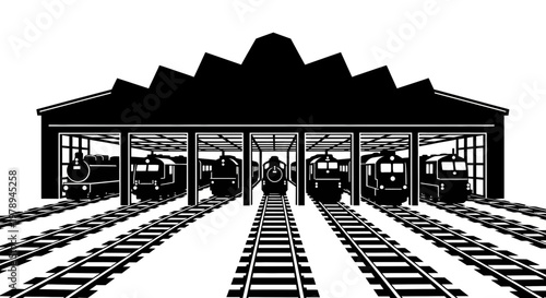 Locomotive Depot: A Black and White Illustration of Trains in a Roundhouse.
