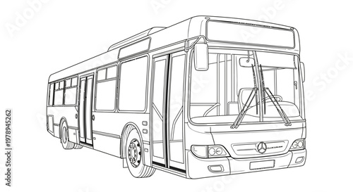 Detailed Line Art Drawing of a Modern City Bus for Public Transportation.
