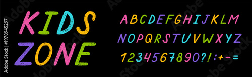 Alphabet crayon english letter doodle set. Сhalk pencil font and сhildish wax brush with grunge texture. Hand drawn vector illustration on black background