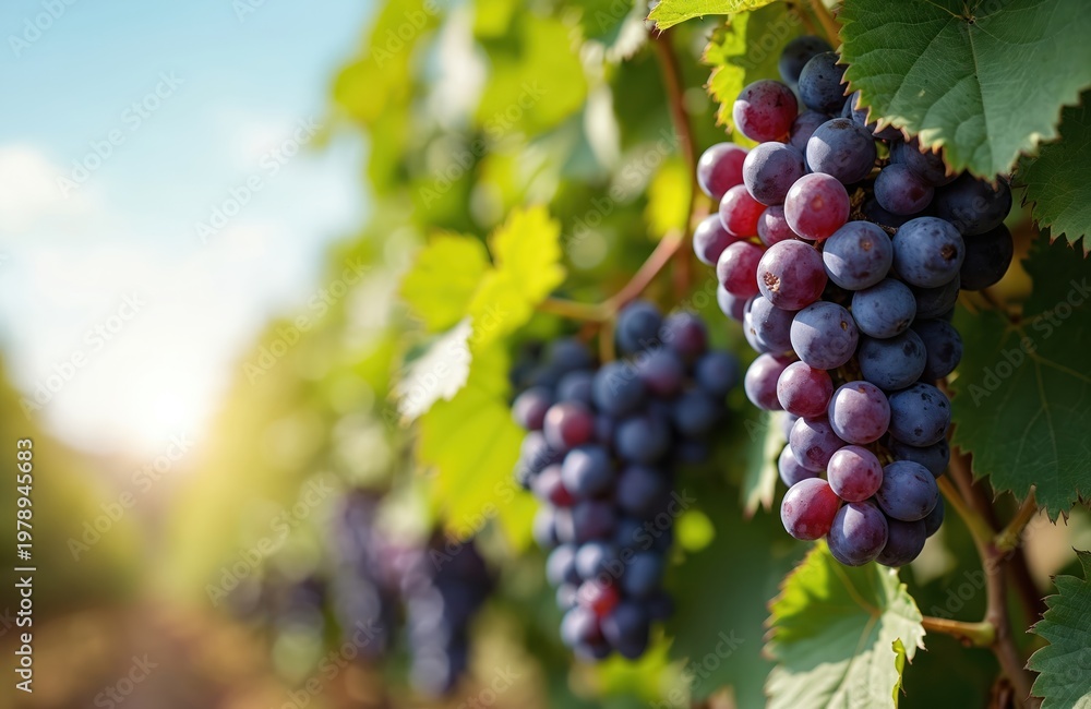 Naklejka premium Bunches of ripe Isabella grapes hang from a vine with green leaves against a blurred sky. Sunlight shines on the fruit, highlighting its deep purple color. Ready for harvest.