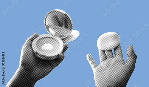 Close up of hand holding compact powder with mirror and sponge makeup pixelate grayscale color halftone dotted texture style collage element isolated on blue background