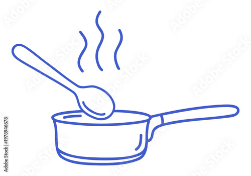 Spoon over saucepan in outline style. Hand drawn icon of Cooking process. Outline vector isolated illustration. 