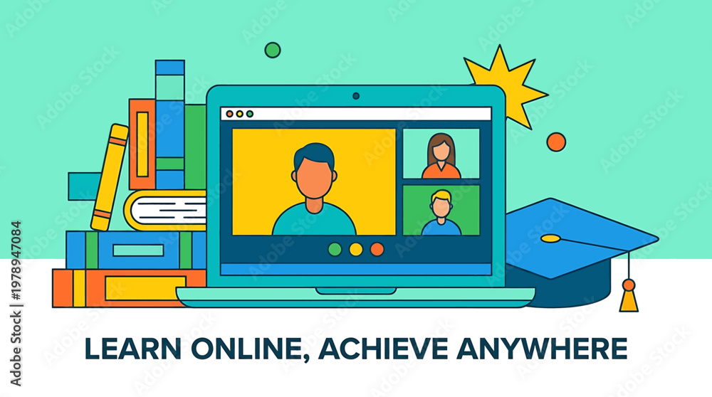 Fototapeta premium Modern Online Learning Platform Flat Illustration Virtual Classroom, Books, and Graduation Cap Symbolizing Remote Education