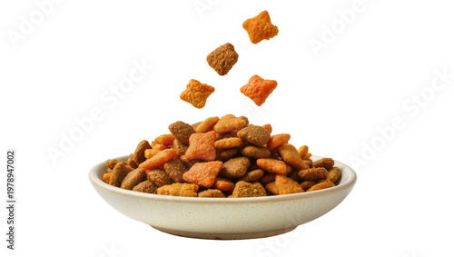 Canvastavla Isolated bowl of crunchy dry pet food with various shaped kibbles falling into the heap