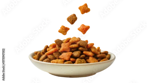 Obraz Isolated bowl of crunchy dry pet food with various shaped kibbles falling into the heap.