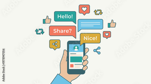 Digital Communication Concept Hand holding a smartphone with social media icons and speech bubbles, illustrating online interaction, sharing, and networking in a flat design style