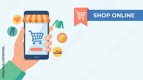 Illustration of a hand holding a smartphone with online shopping interface and various items floating around it, symbolizing e-commerce and digital retail