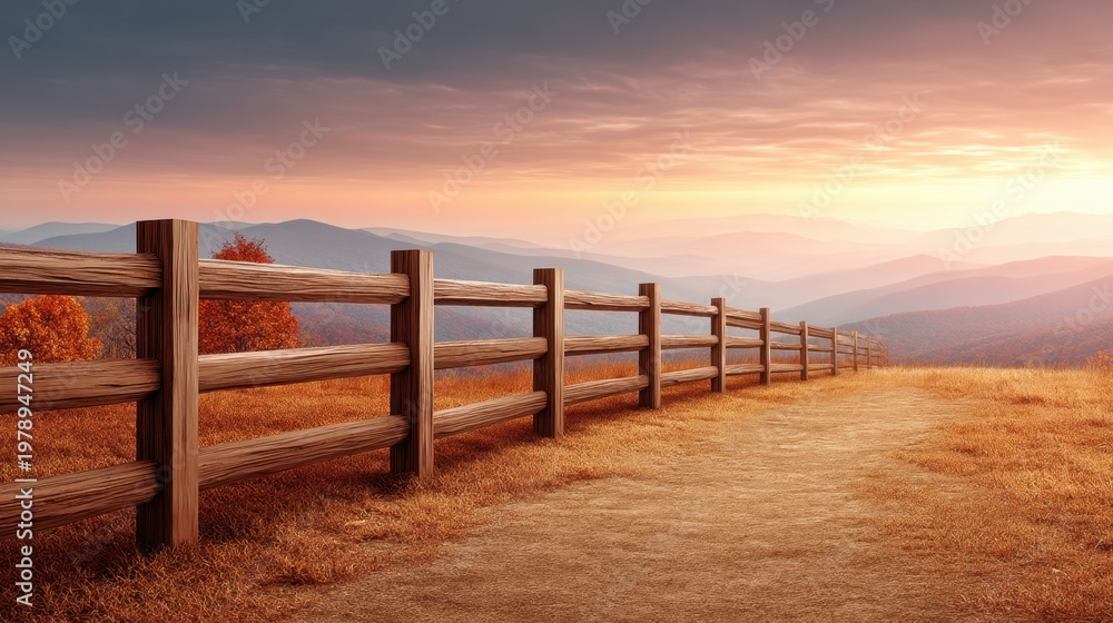 Fototapeta premium Serene Landscape with Wooden Fence and Beautiful Sunset Overrolling Hills in Warm Autumn Colors Reflecting Tranquility and Beauty of Nature