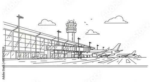 Airport terminal with airplanes and control tower illustration.
