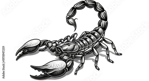 Detailed Black and White Illustration of a Scorpion with Stinger Raised.