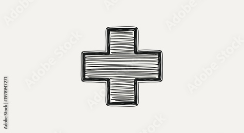 A hand drawn black and white plus sign illustration is centered on a plain light gray background