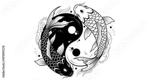 Yin Yang Symbol with Two Koi Fish Illustration.