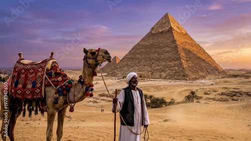 The iconic Great Pyramid of Giza rising from the golden Egyptian desert under a clear purple-hued sky, a traditionally adorned camel in the foreground with its handler, the ancient limestone structure
