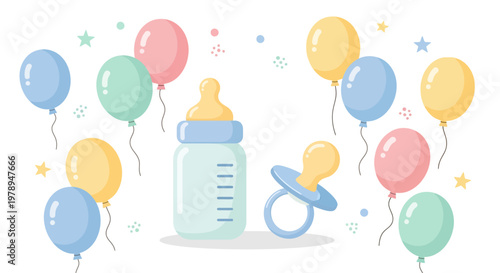 Baby shower celebration with balloons and bottle.