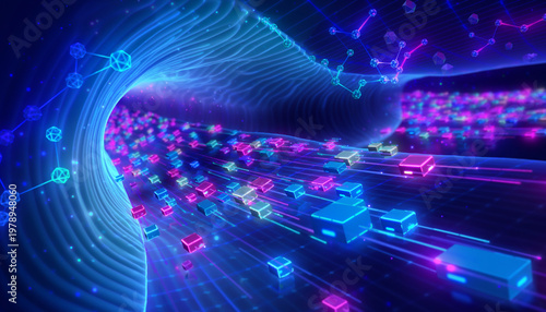 Abstract Digital Data Flow in a Futuristic Neon Tunnel.