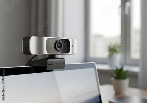 Modern webcam mounted on a laptop in a neutral home office setting. Device is positioned for video conferencing.
