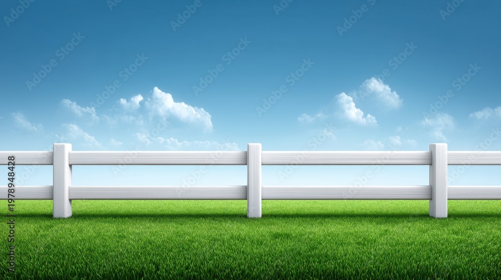 Fototapeta premium Serene Landscape with White Fence and Vibrant Green Grass Under Clear Blue Sky and Soft White Clouds Creating a Tranquil Outdoor Atmosphere