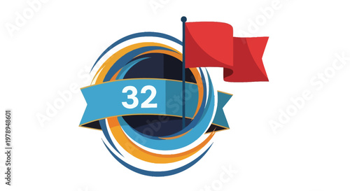 Abstract Swirl with Number 32 and Red Flag Illustration.