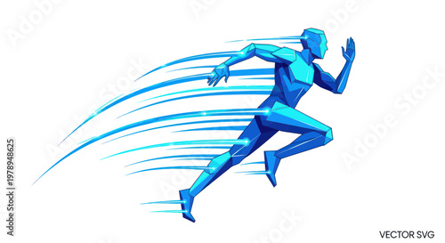 Dynamic abstract runner in motion, speed lines, blue polygonal human figure