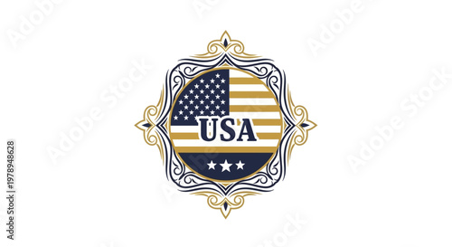 USA Flag Emblem with Ornate Border and Stars.